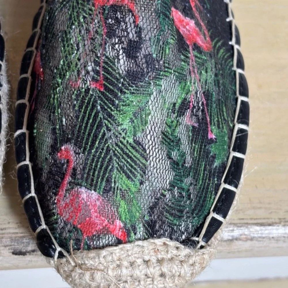Mei Qi‎ Yi Ku Women Flamingo Tropical Lace Mesh Espadrille Flats Black Green 39